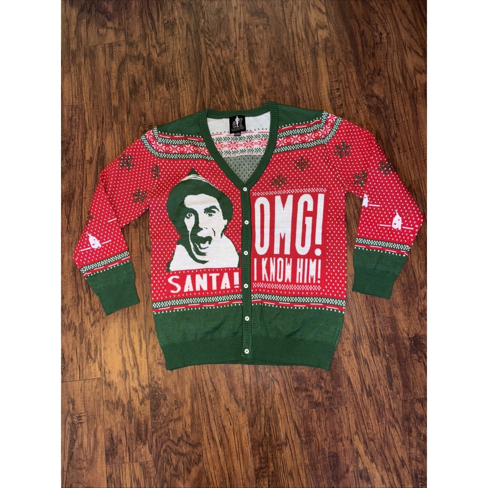 ELF Mens Ugly Christmas Cardigan Sweater XL OMG Santa I Know Him